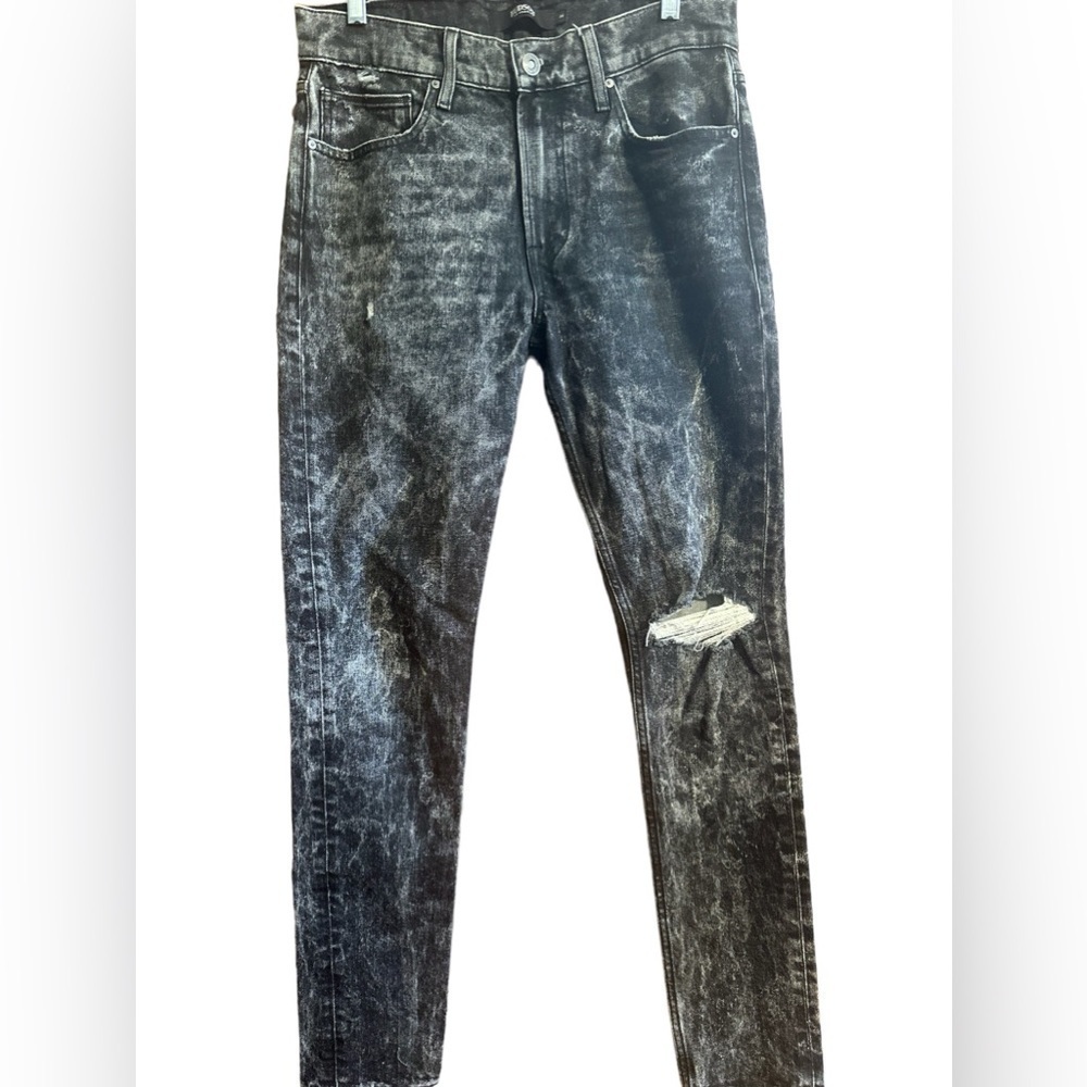 Hudson Black Wash Moto Zack Skinny Factory Distressed Zip Fly Leather Tag